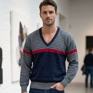 Vintage Blitz Sportswear Men's Navy and Gray V-Neck Sweater with Red Stripe Sz L